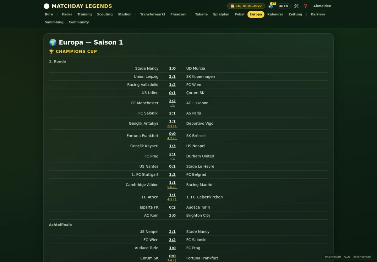 Europa-Seite mit Champions Cup, Euro Cup und International Cup
