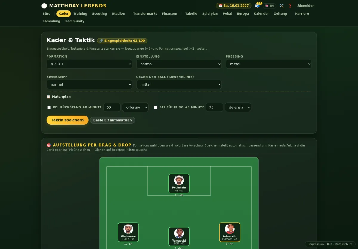 Kader mit Formations-Editor, Startelf, Bank und Tribüne