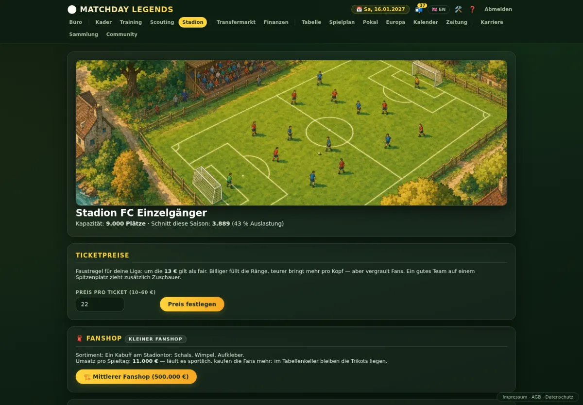 Stadionseite mit Ausbau, Ticketpreis und Stadionbild