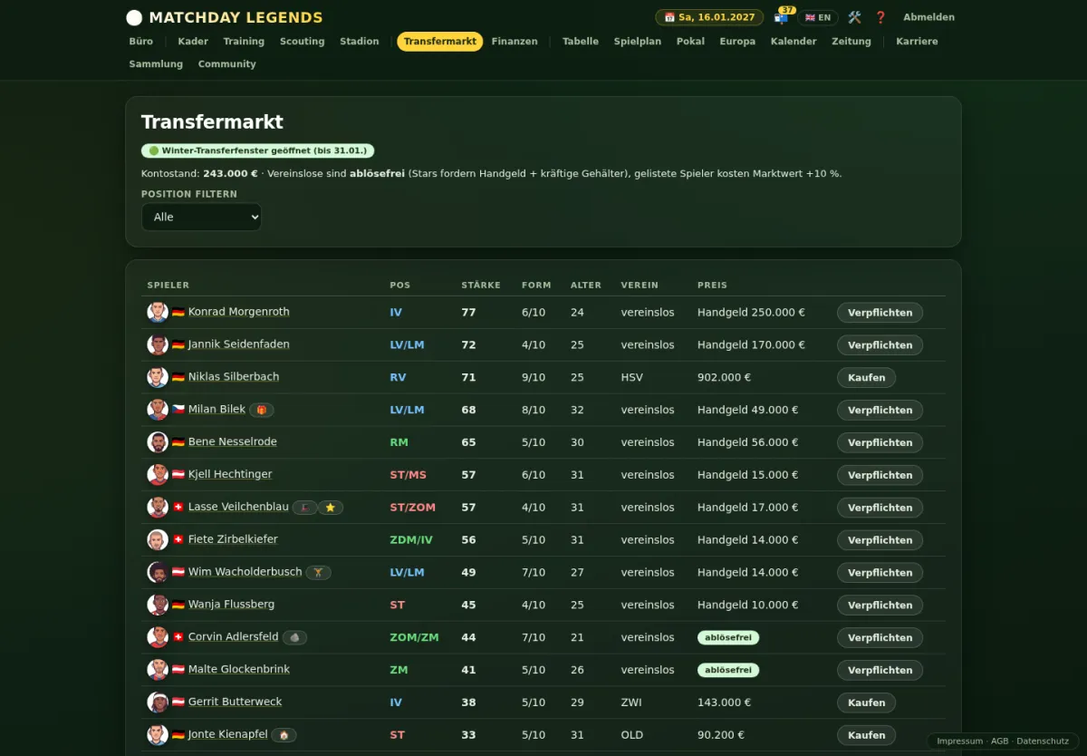 Transfermarkt mit Markt, Suchaufträgen, Abwerben und Transferbörse